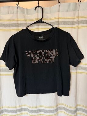 Victoria Sport Black Crop T-Shirt with Pink Sparkle Outline Logo